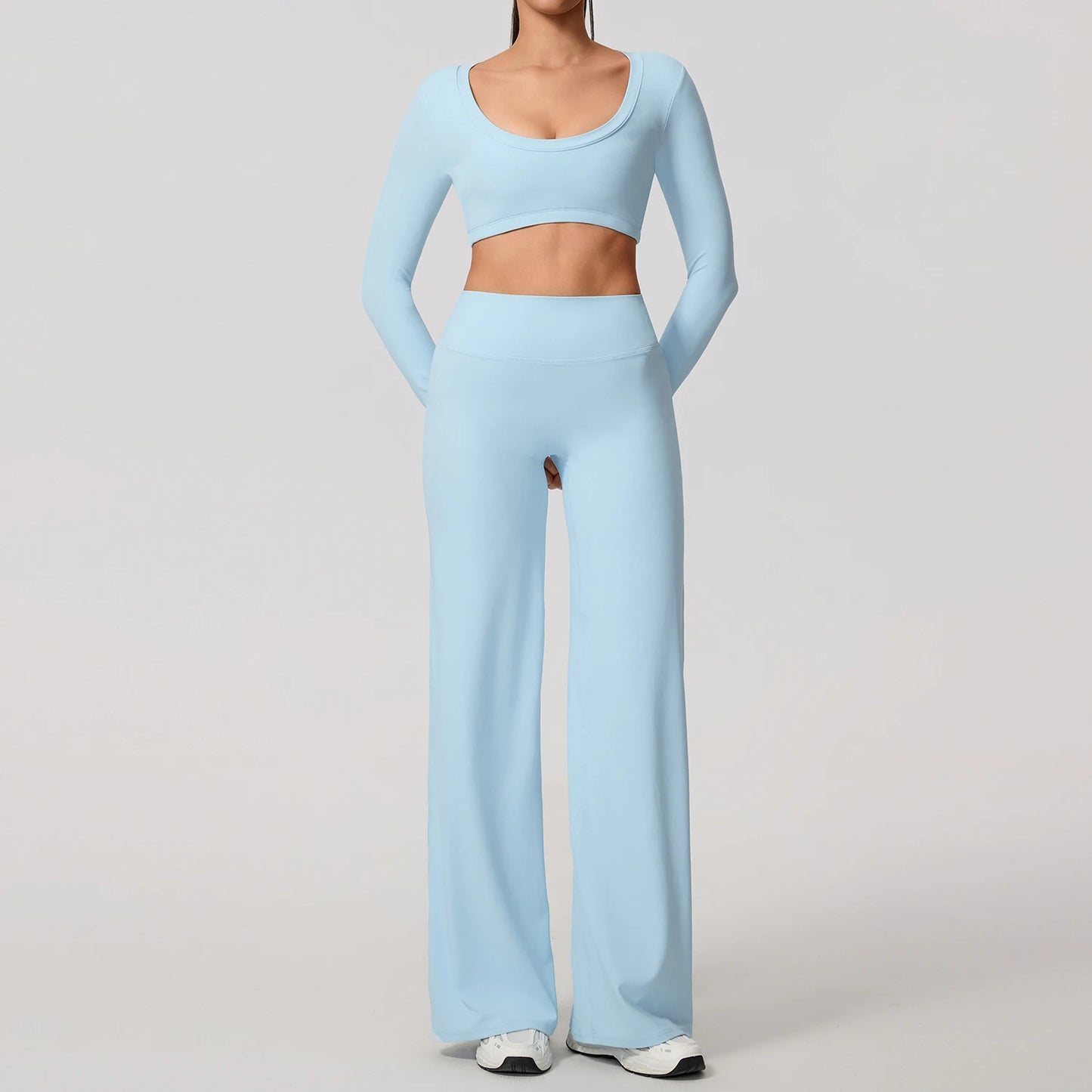 Women's 2-Piece Sports Set – Long Sleeve Backless Fitness Top & Wide Leg Yoga Pants