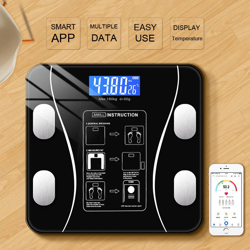 Smart Wireless Digital Bathroom Scale Bluetooth Body Fat Composition Analyzer with Smartphone App - Body Weight Tester