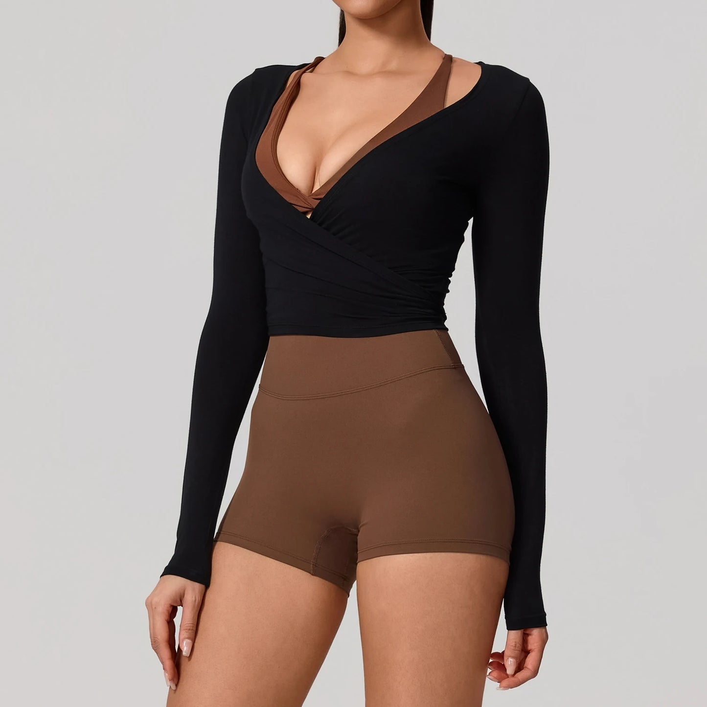 Women's Long Sleeve Yoga Wrap Top – Breathable Quick-Dry Sportswear for Pilates & Dance