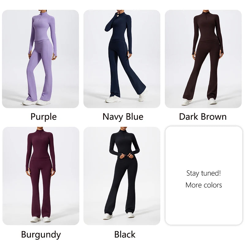 Women's 2-Piece Half-Zip Yoga Set – Long Sleeve Sports Top & Flared Workout Pants