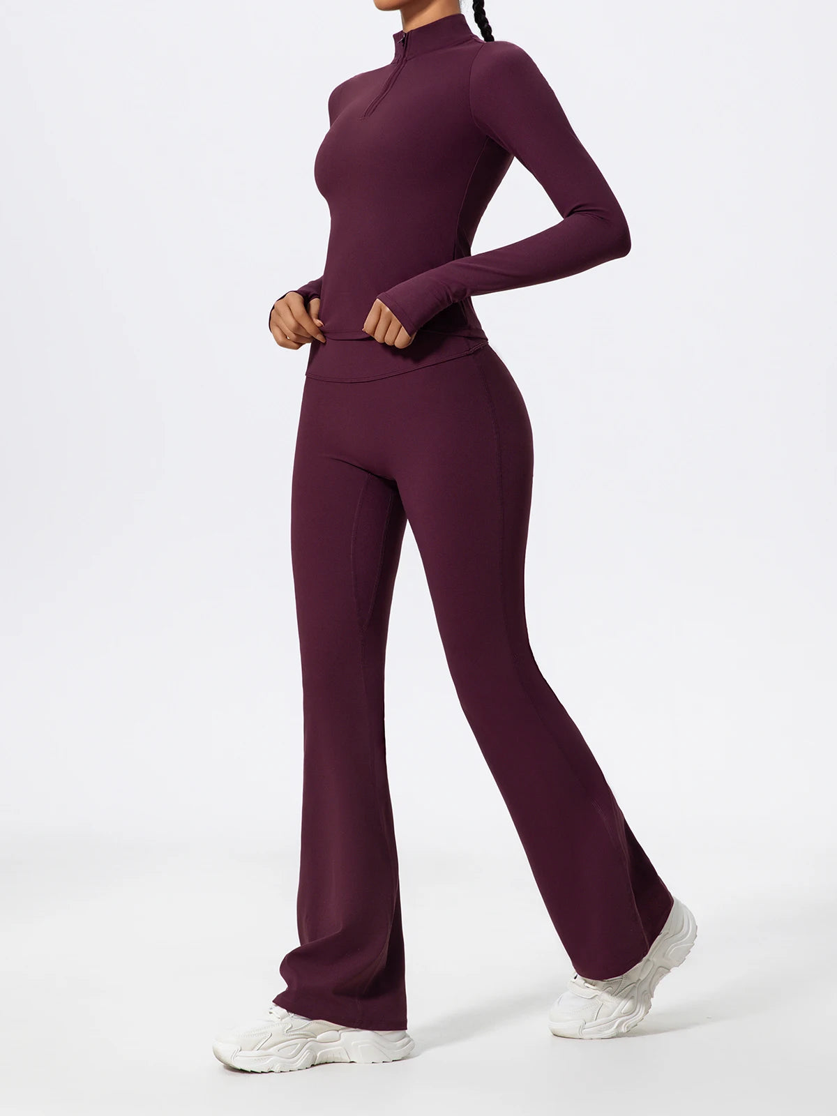 Women's 2-Piece Half-Zip Yoga Set – Long Sleeve Sports Top & Flared Workout Pants