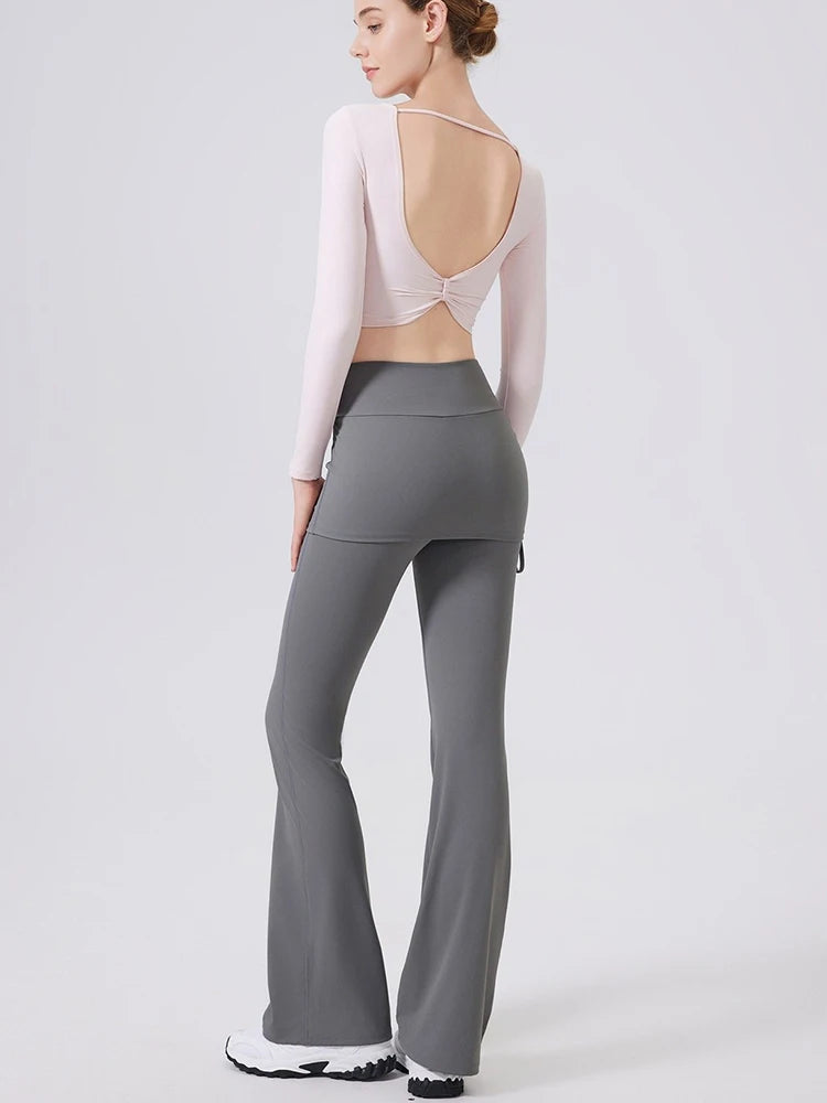Women’s High-Waist Flared Yoga Pants with Hip Cover Skirt