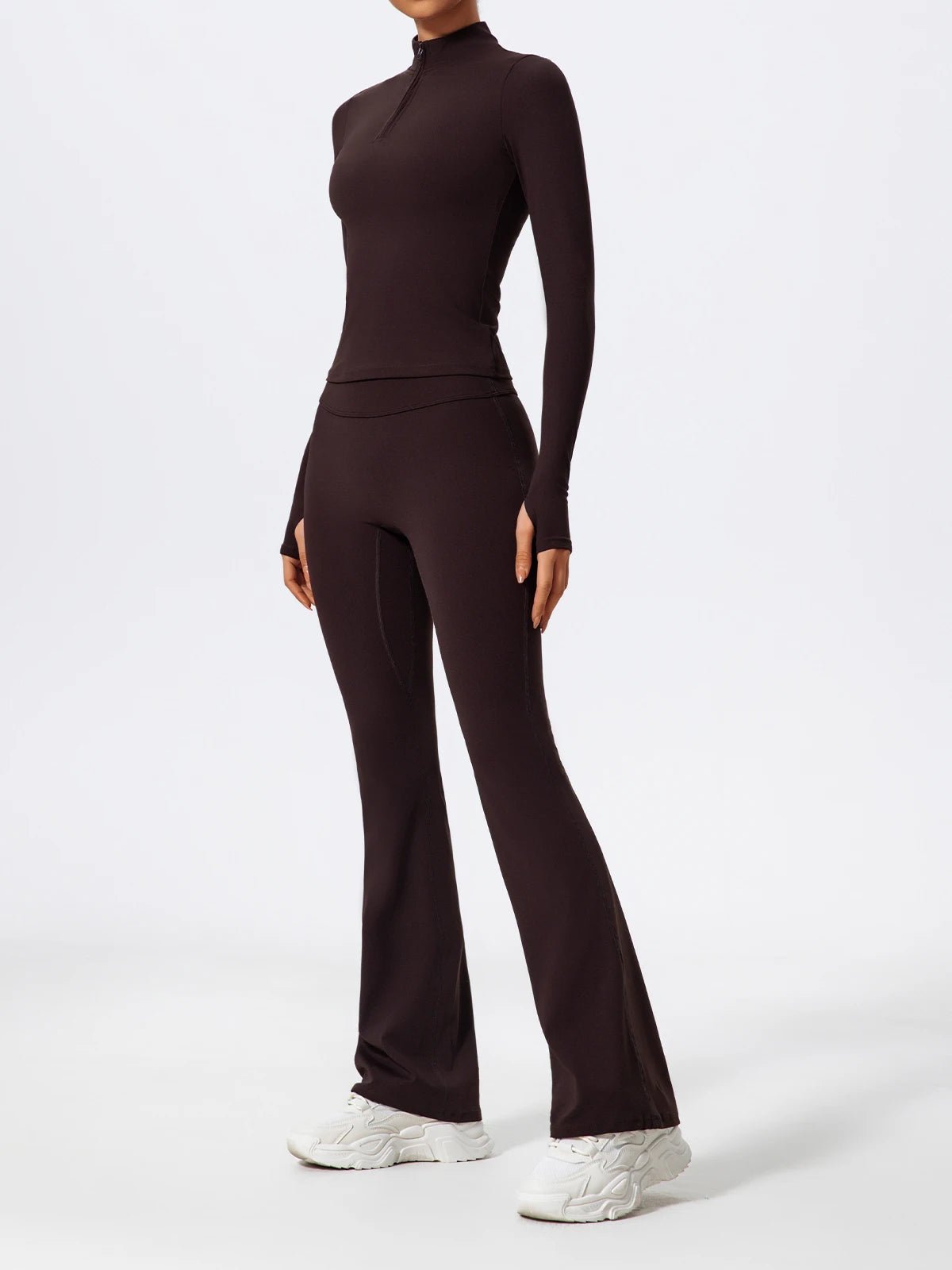 Women's 2-Piece Half-Zip Yoga Set – Long Sleeve Sports Top & Flared Workout Pants