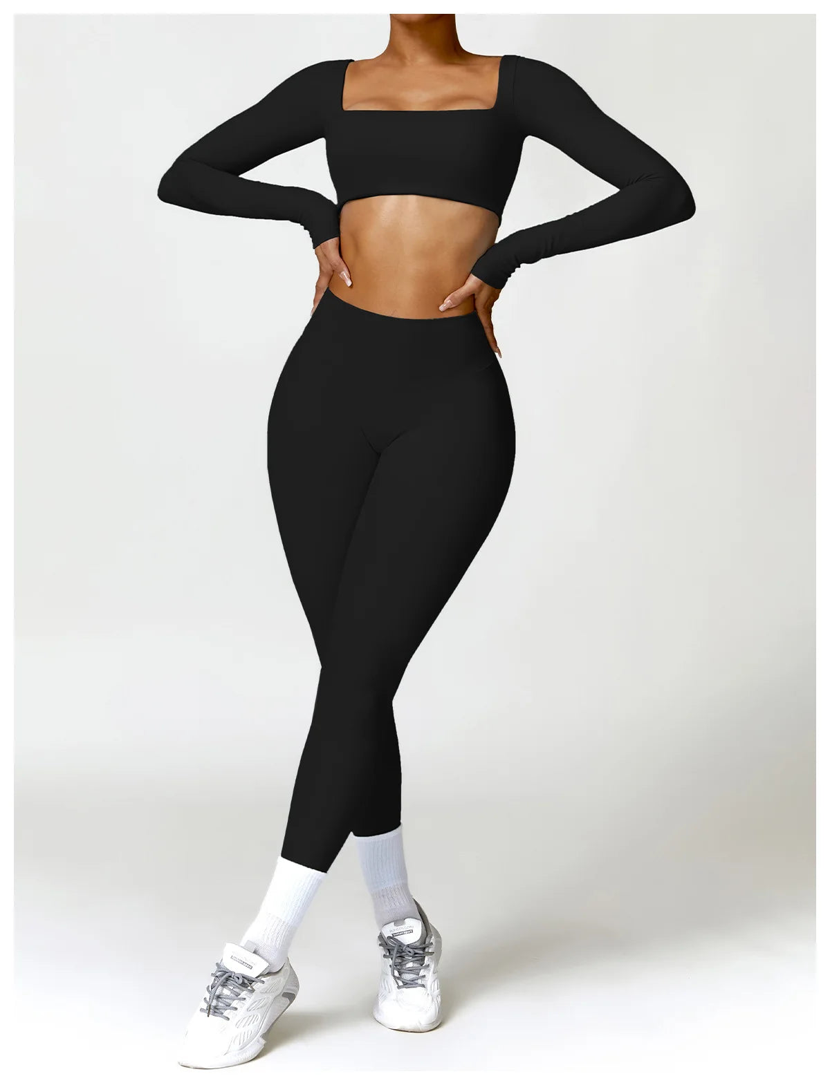Women's Quick-Dry Square Neck Sports Crop Top – Long Sleeve Gym & Yoga Activewear