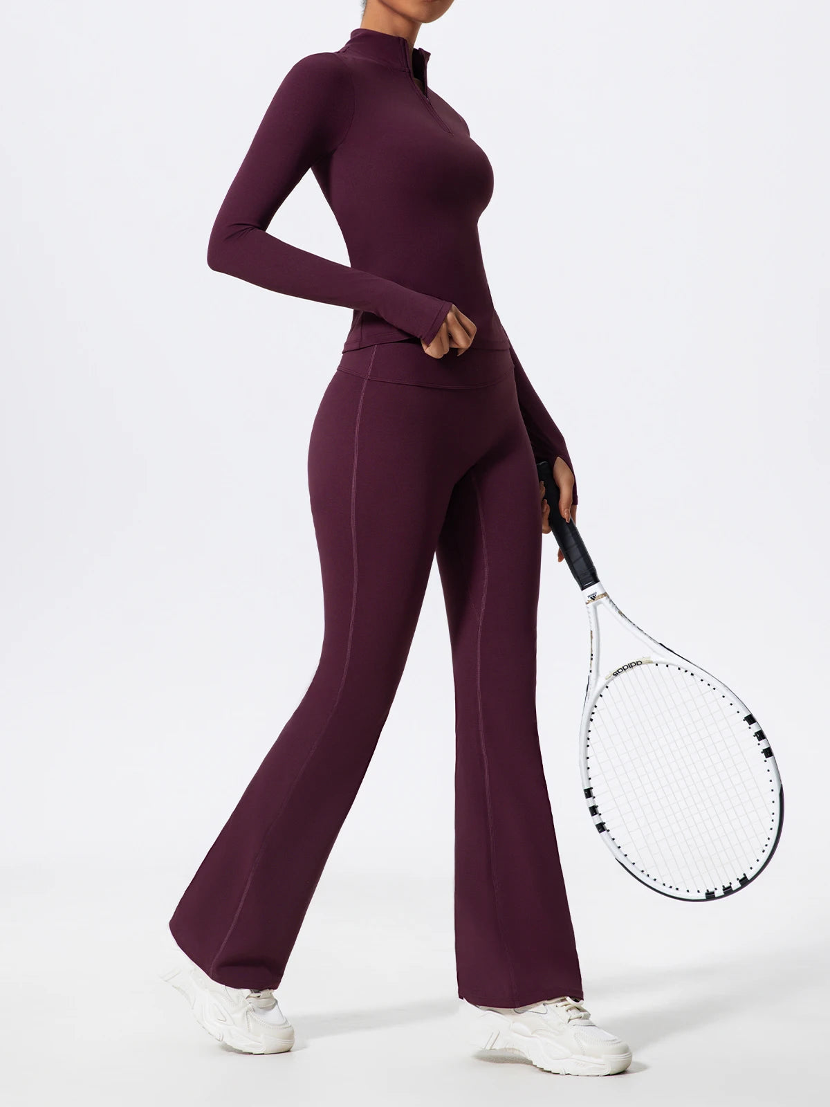 Women's 2-Piece Half-Zip Yoga Set – Long Sleeve Sports Top & Flared Workout Pants
