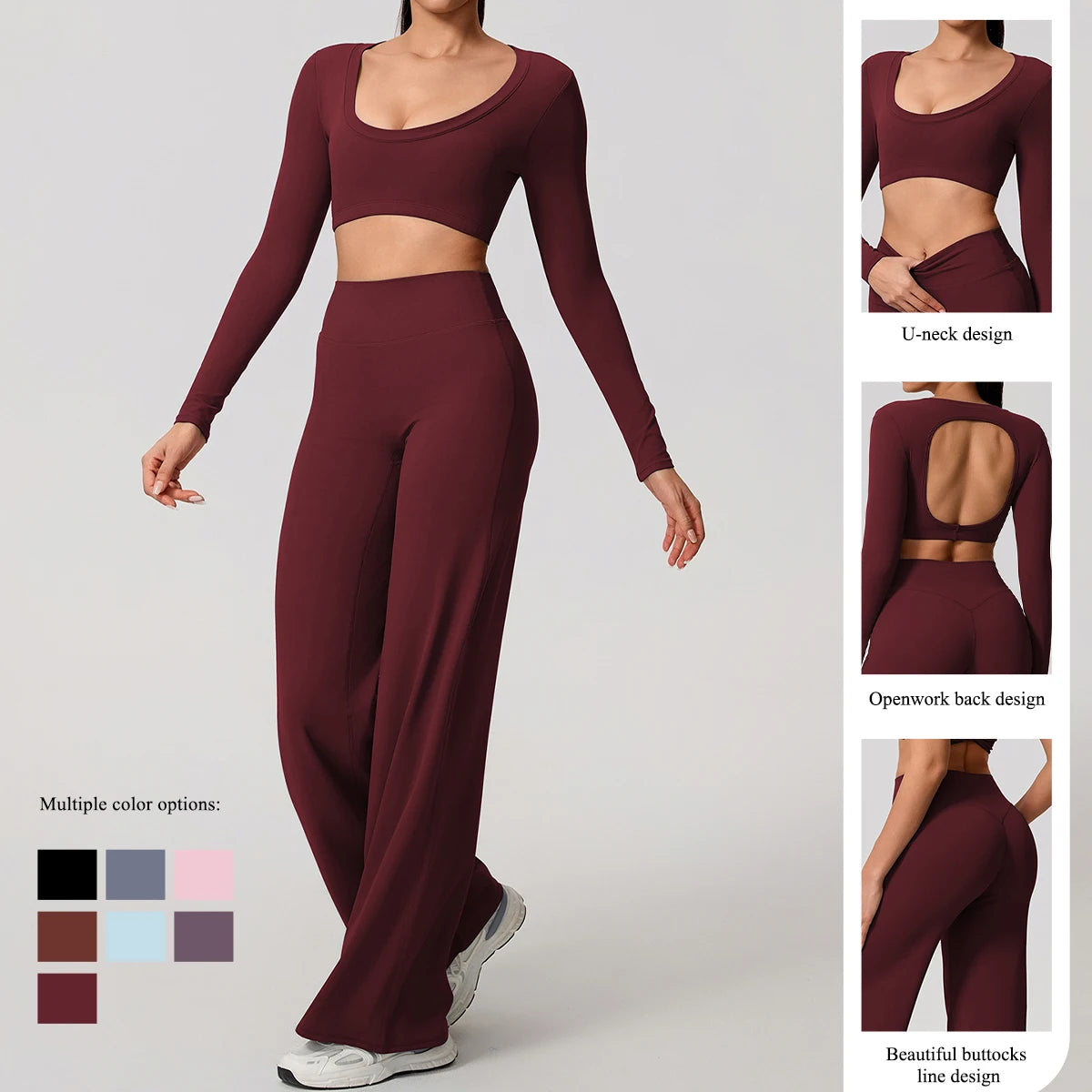 Women's 2-Piece Sports Set – Long Sleeve Backless Fitness Top & Wide Leg Yoga Pants