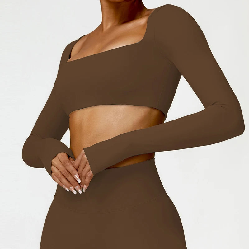 Women's Quick-Dry Square Neck Sports Crop Top – Long Sleeve Gym & Yoga Activewear