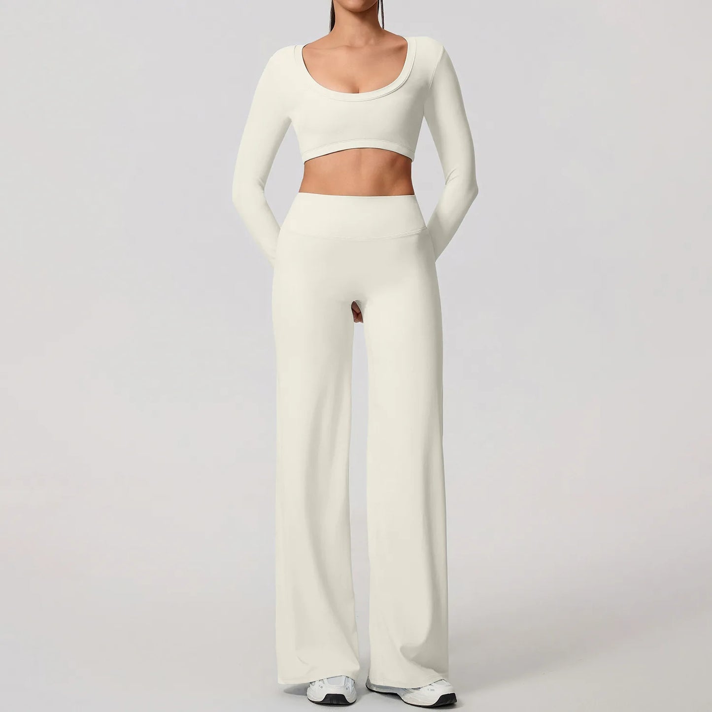Women's 2-Piece Sports Set – Long Sleeve Backless Fitness Top & Wide Leg Yoga Pants