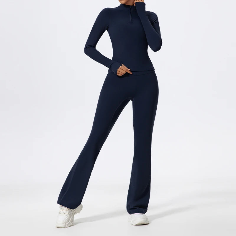 Women's 2-Piece Half-Zip Yoga Set – Long Sleeve Sports Top & Flared Workout Pants