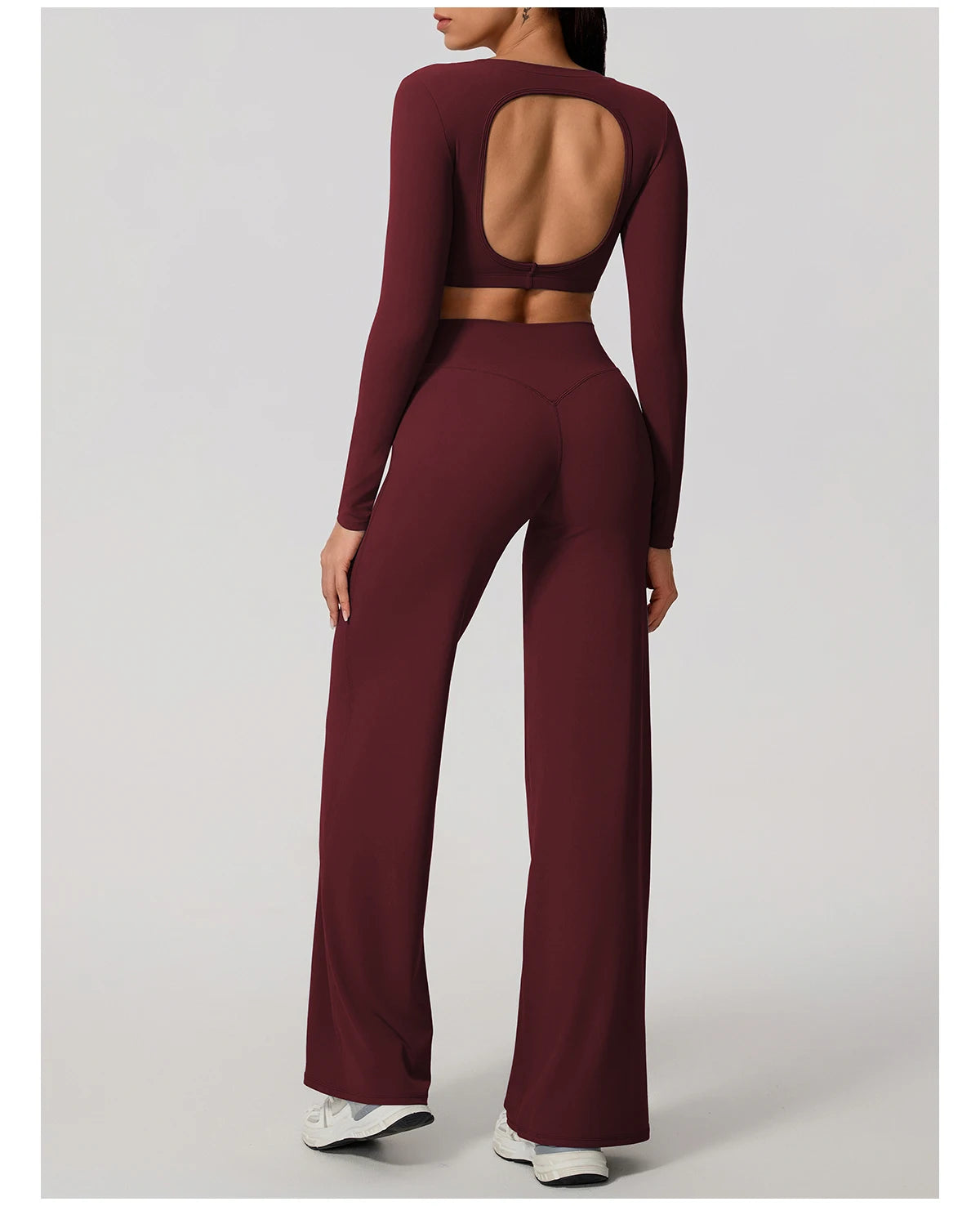 Women's 2-Piece Sports Set – Long Sleeve Backless Fitness Top & Wide Leg Yoga Pants