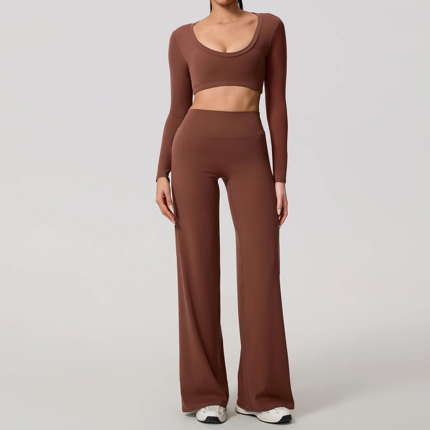 Women's 2-Piece Sports Set – Long Sleeve Backless Fitness Top & Wide Leg Yoga Pants