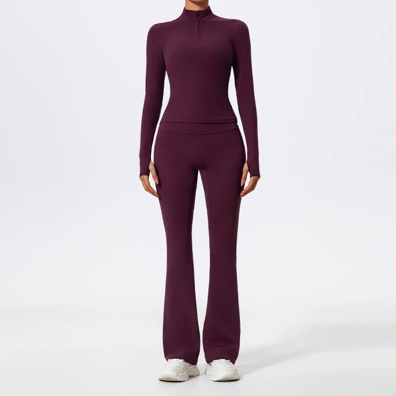 Women's 2-Piece Half-Zip Yoga Set – Long Sleeve Sports Top & Flared Workout Pants