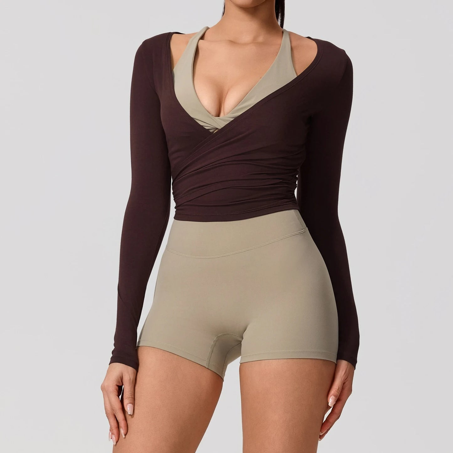 Women's Long Sleeve Yoga Wrap Top – Breathable Quick-Dry Sportswear for Pilates & Dance