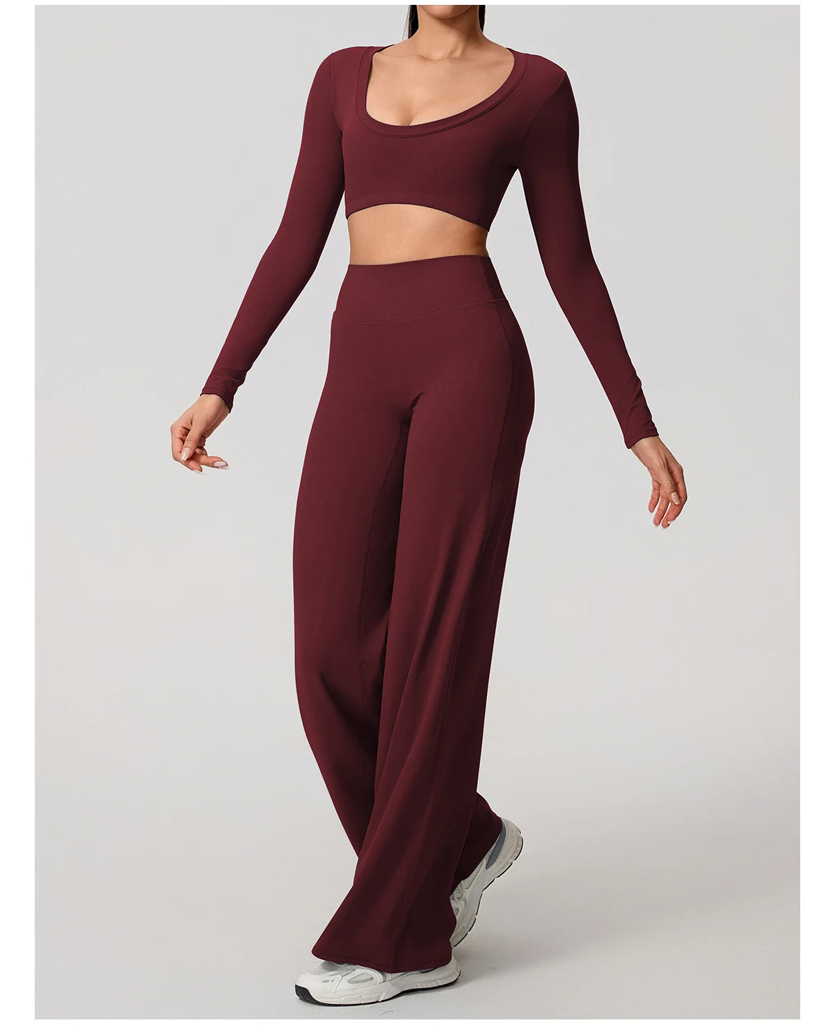 Women's 2-Piece Sports Set – Long Sleeve Backless Fitness Top & Wide Leg Yoga Pants