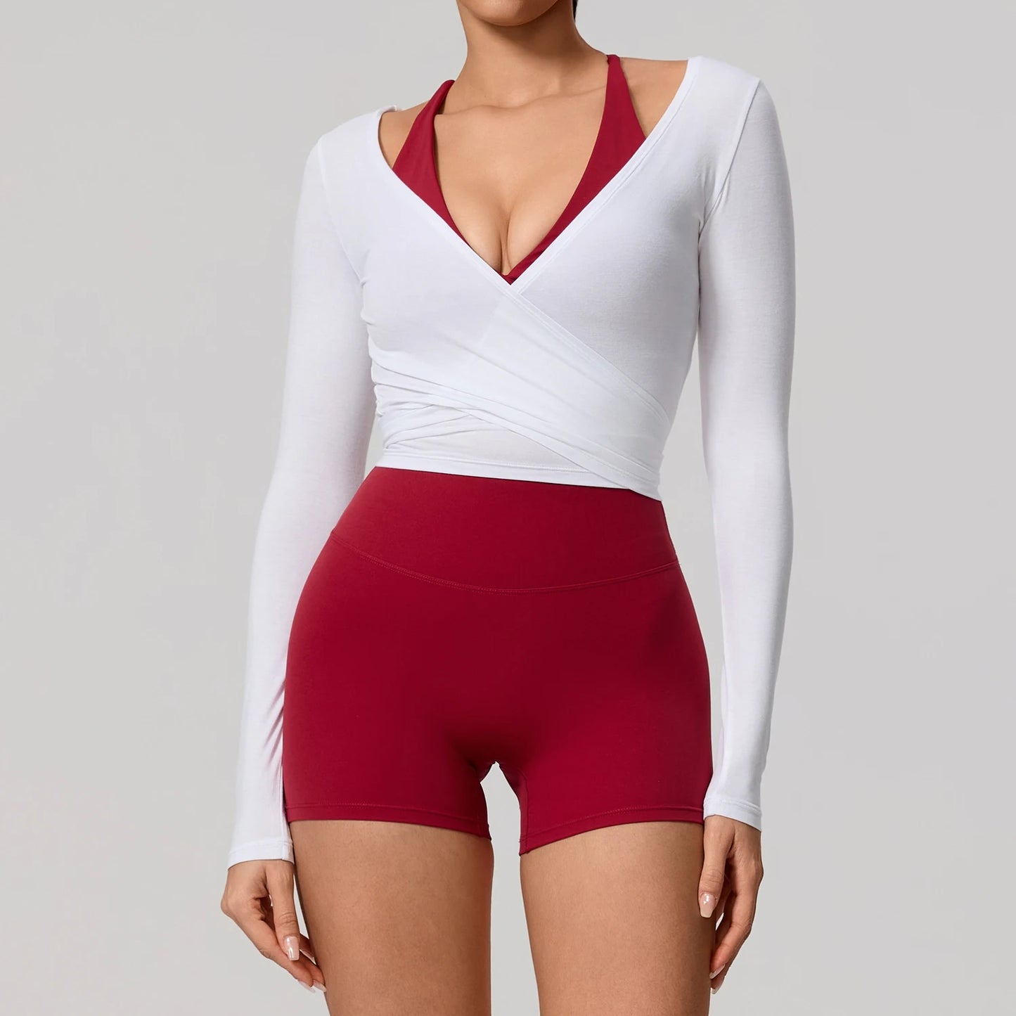 Women's Long Sleeve Yoga Wrap Top – Breathable Quick-Dry Sportswear for Pilates & Dance