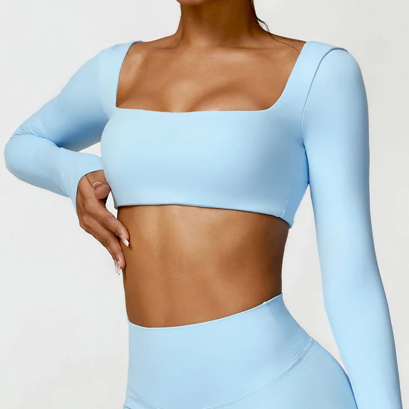 Women's Quick-Dry Square Neck Sports Crop Top – Long Sleeve Gym & Yoga Activewear