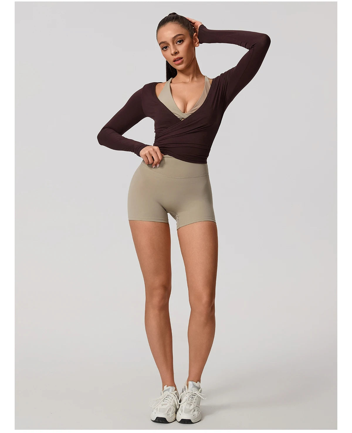 Women's Long Sleeve Yoga Wrap Top – Breathable Quick-Dry Sportswear for Pilates & Dance