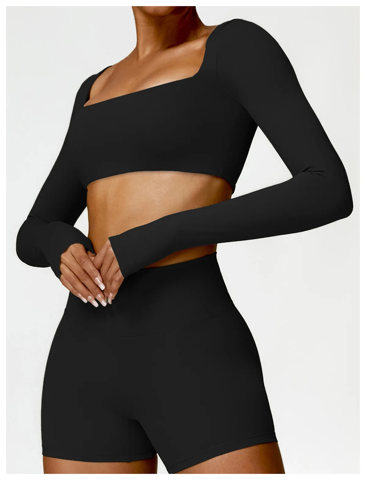 Women's Quick-Dry Square Neck Sports Crop Top – Long Sleeve Gym & Yoga Activewear
