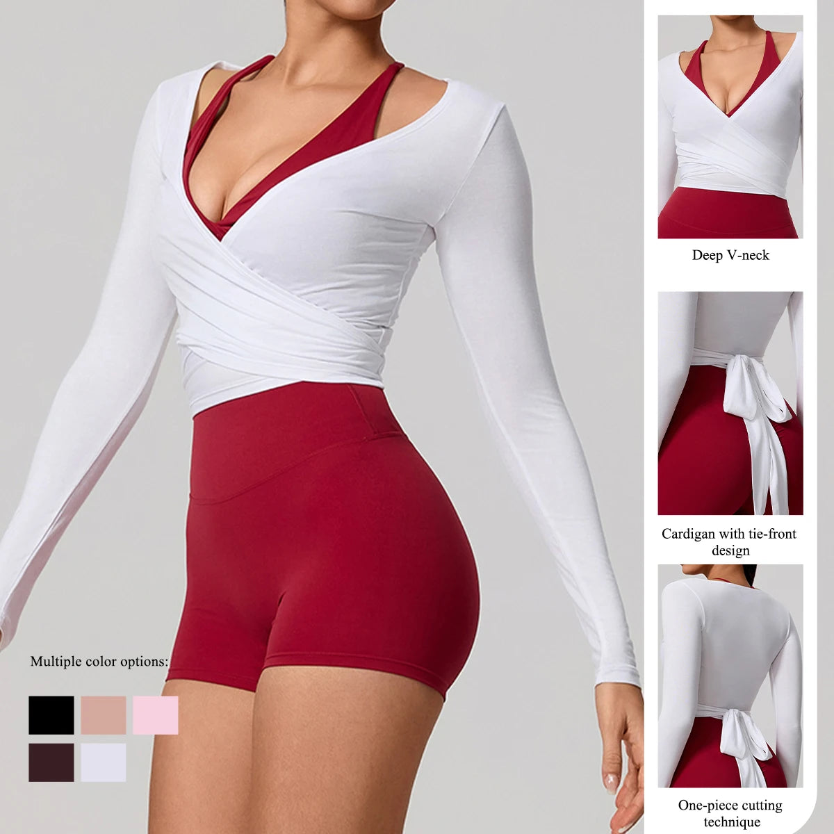 Women's Long Sleeve Yoga Wrap Top – Breathable Quick-Dry Sportswear for Pilates & Dance