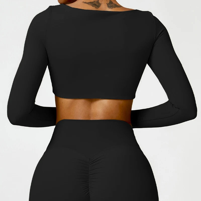 Women's Quick-Dry Square Neck Sports Crop Top – Long Sleeve Gym & Yoga Activewear