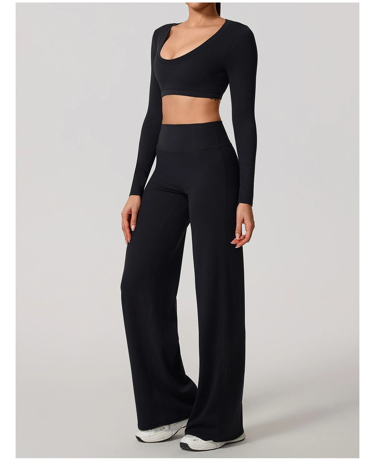 Women's 2-Piece Sports Set – Long Sleeve Backless Fitness Top & Wide Leg Yoga Pants