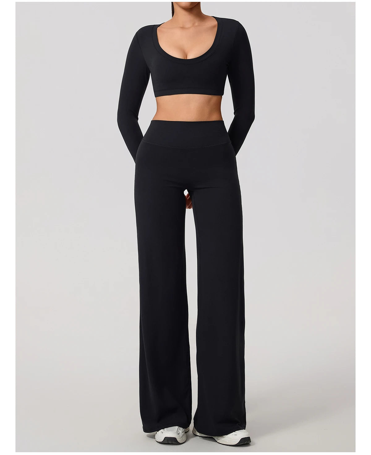 Women's 2-Piece Sports Set – Long Sleeve Backless Fitness Top & Wide Leg Yoga Pants