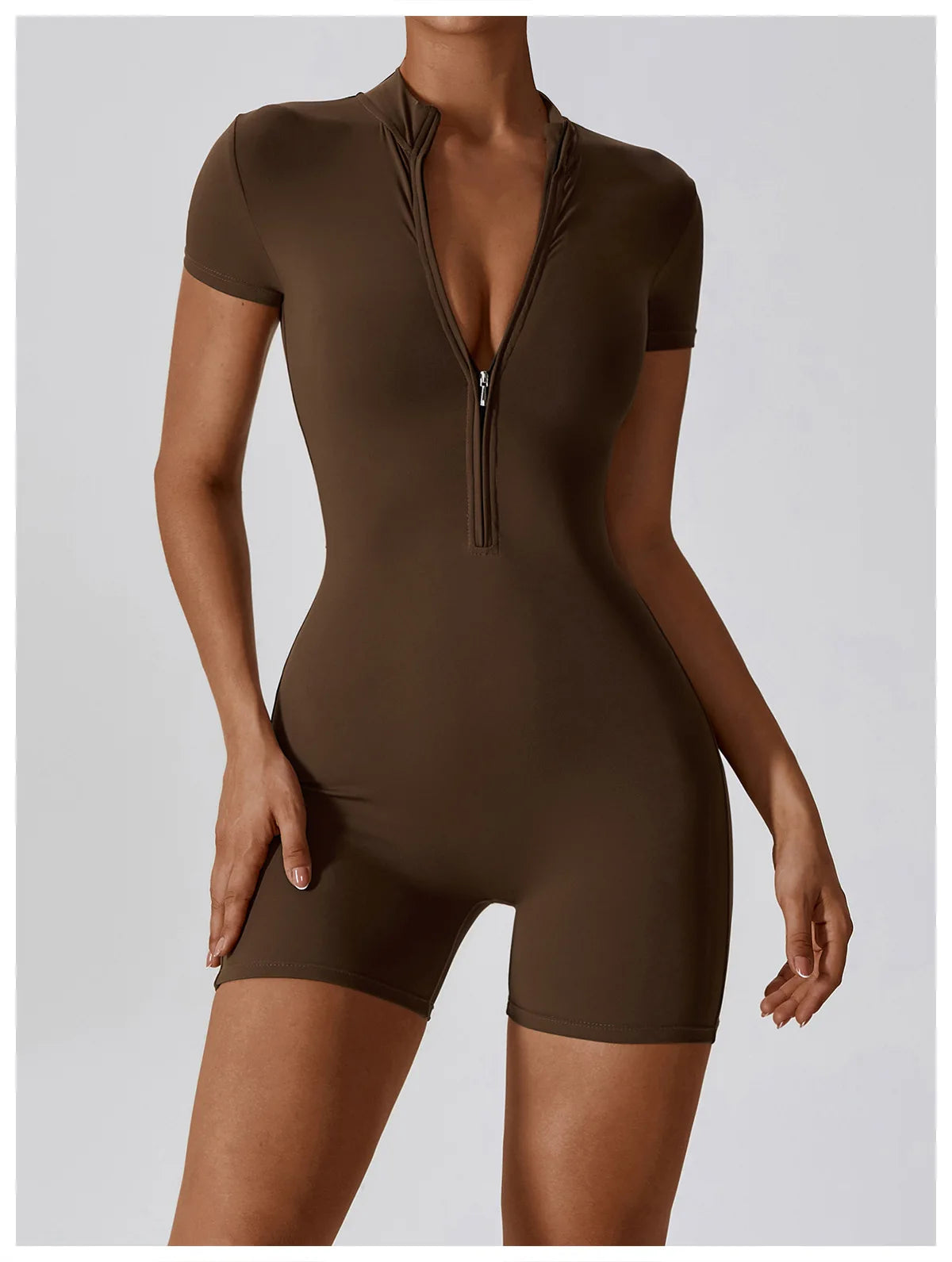 Summer Zipper Yoga Jumpsuit – Women’s Short Sleeve Push-Up Fitness Bodysuit
