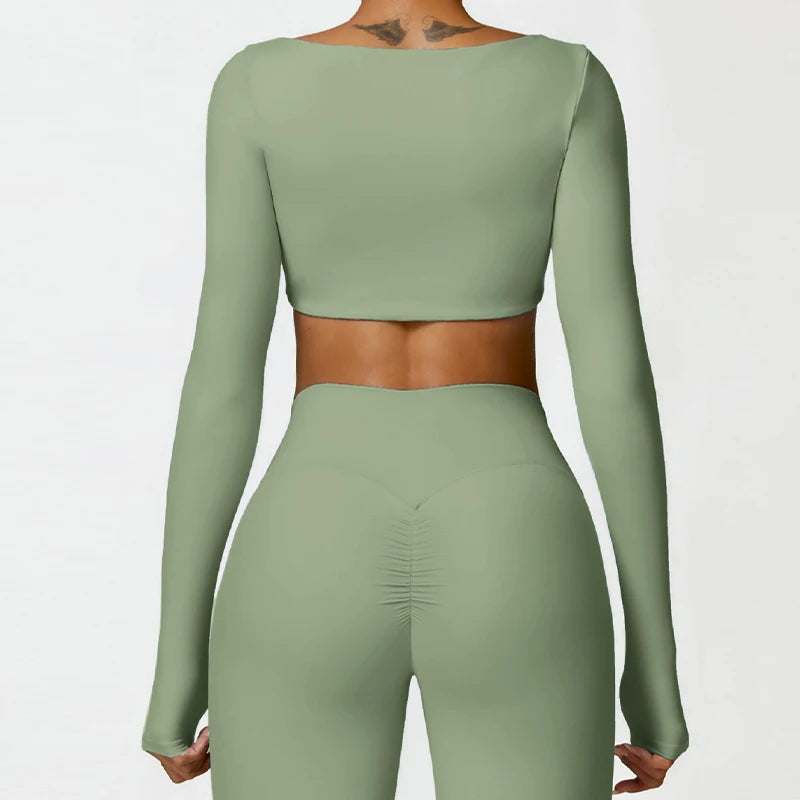 Women's Quick-Dry Square Neck Sports Crop Top – Long Sleeve Gym & Yoga Activewear