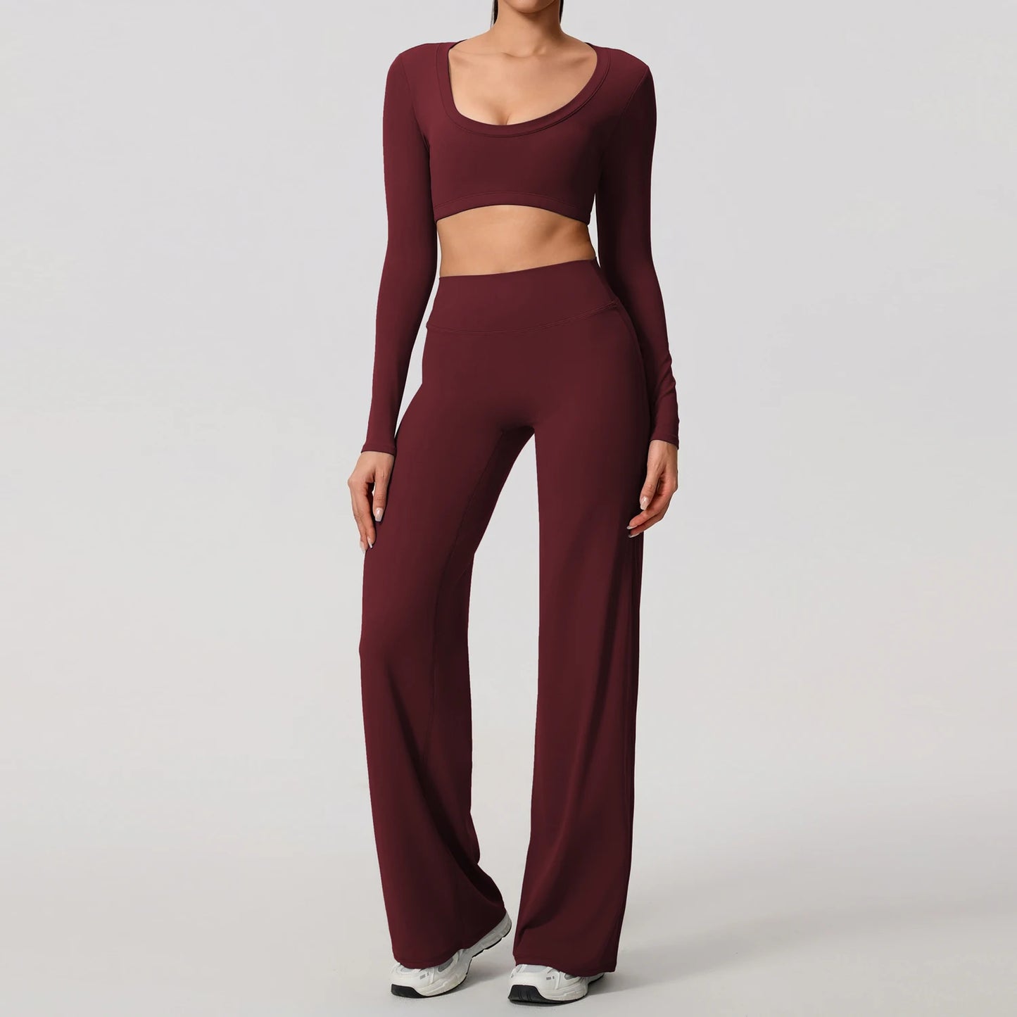 Women's 2-Piece Sports Set – Long Sleeve Backless Fitness Top & Wide Leg Yoga Pants