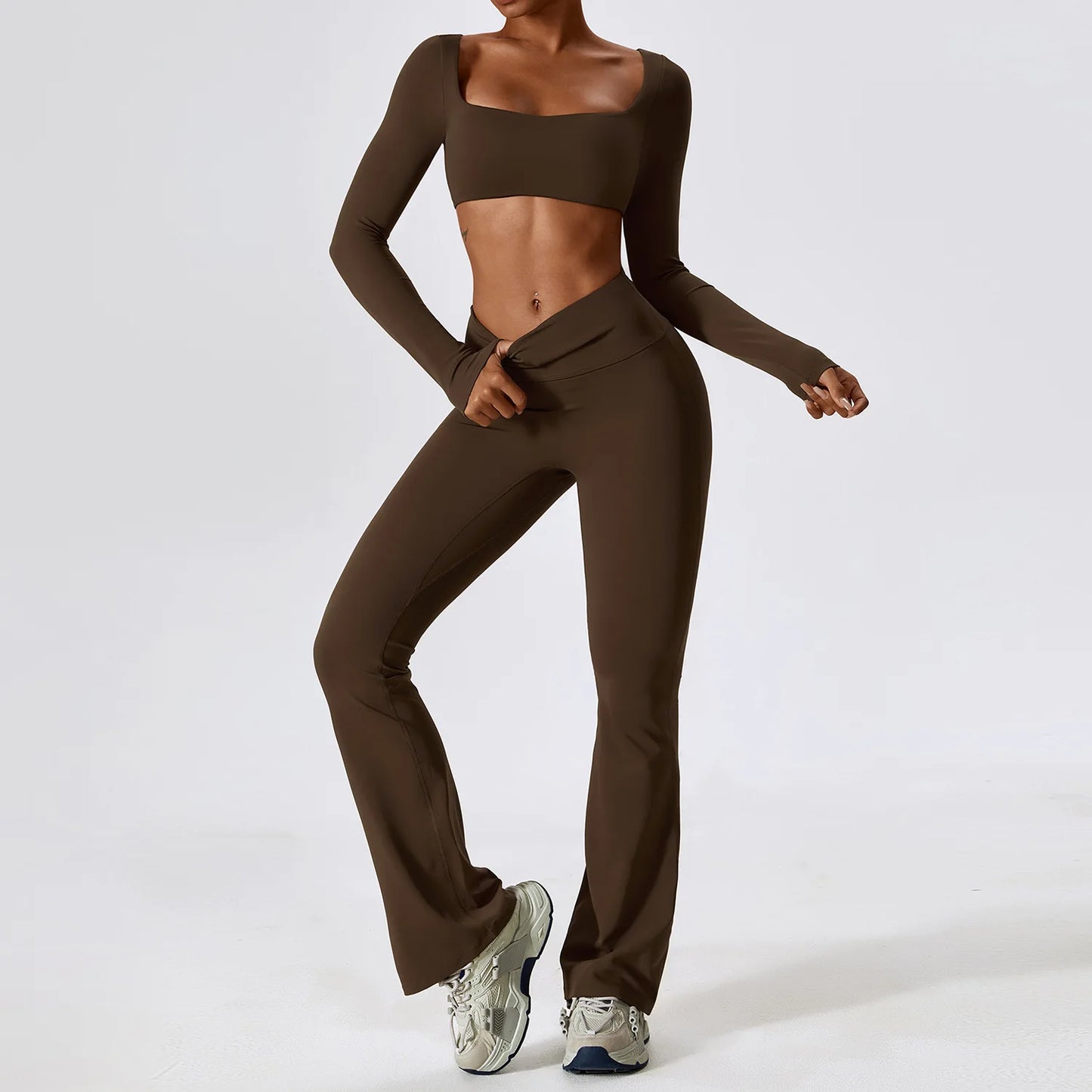 2PCS Women's Seamless Yoga Set Long Sleeve Athletic Legging & Crop Top Sportswear Workout Fitness Gym Sports Suit Winter Workout Clothes