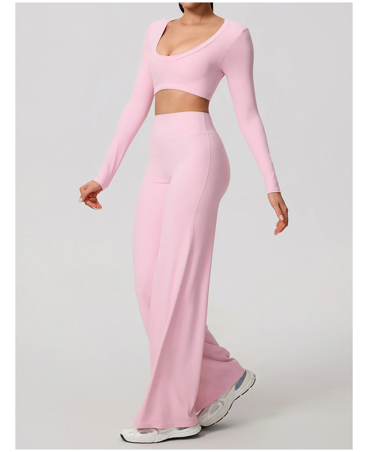 Women's 2-Piece Sports Set – Long Sleeve Backless Fitness Top & Wide Leg Yoga Pants