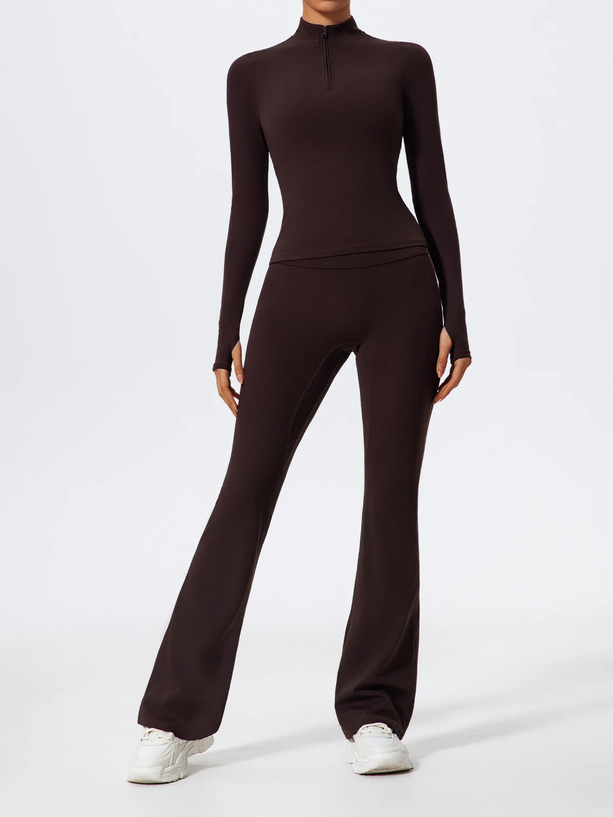 Women's 2-Piece Half-Zip Yoga Set – Long Sleeve Sports Top & Flared Workout Pants