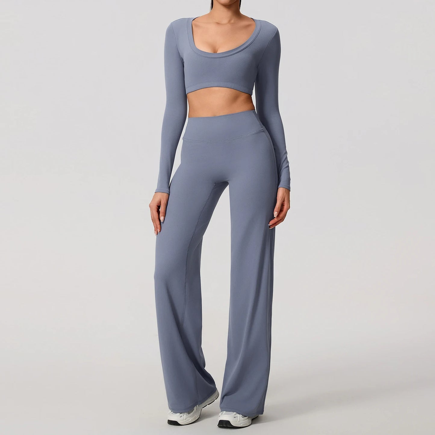 Women's 2-Piece Sports Set – Long Sleeve Backless Fitness Top & Wide Leg Yoga Pants