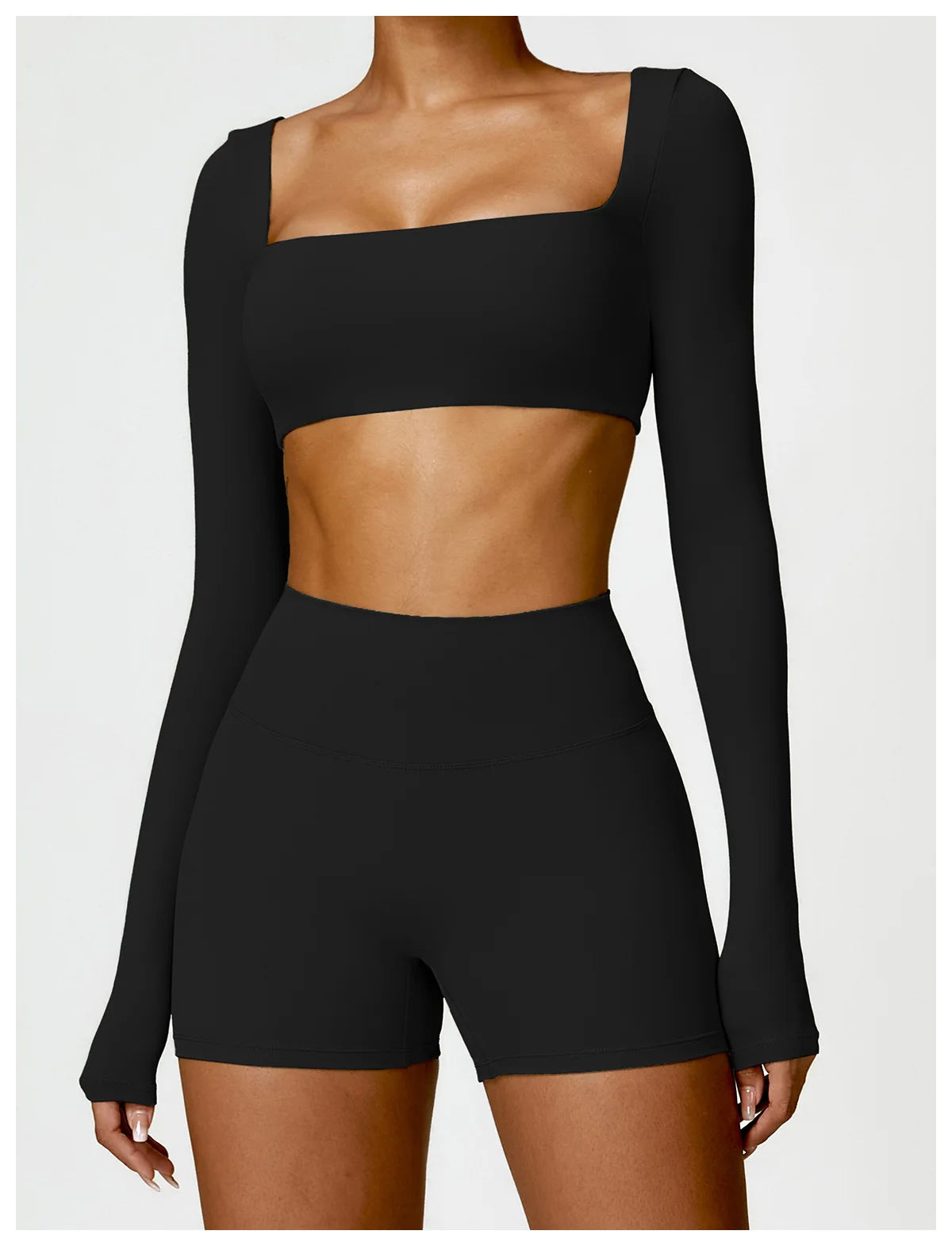 Women's Quick-Dry Square Neck Sports Crop Top – Long Sleeve Gym & Yoga Activewear