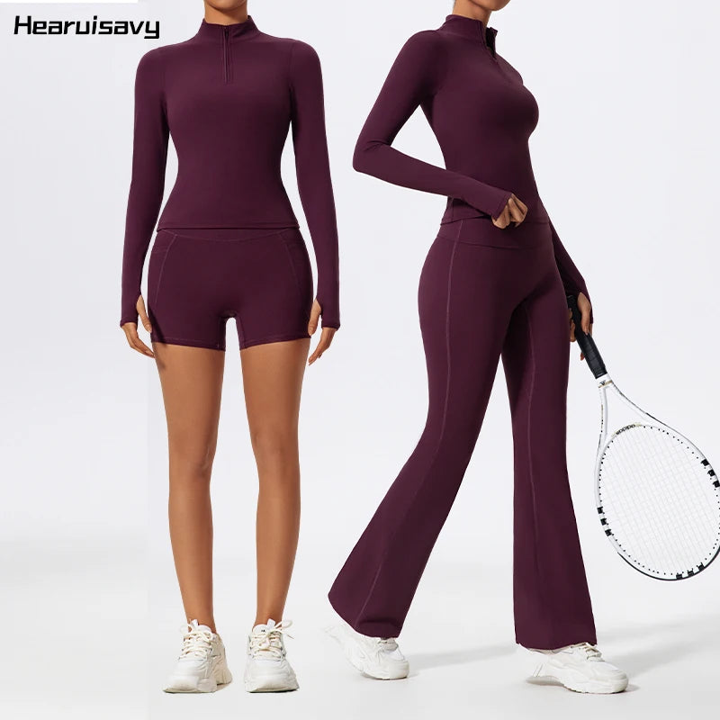 Women's 2-Piece Half-Zip Yoga Set – Long Sleeve Sports Top & Flared Workout Pants