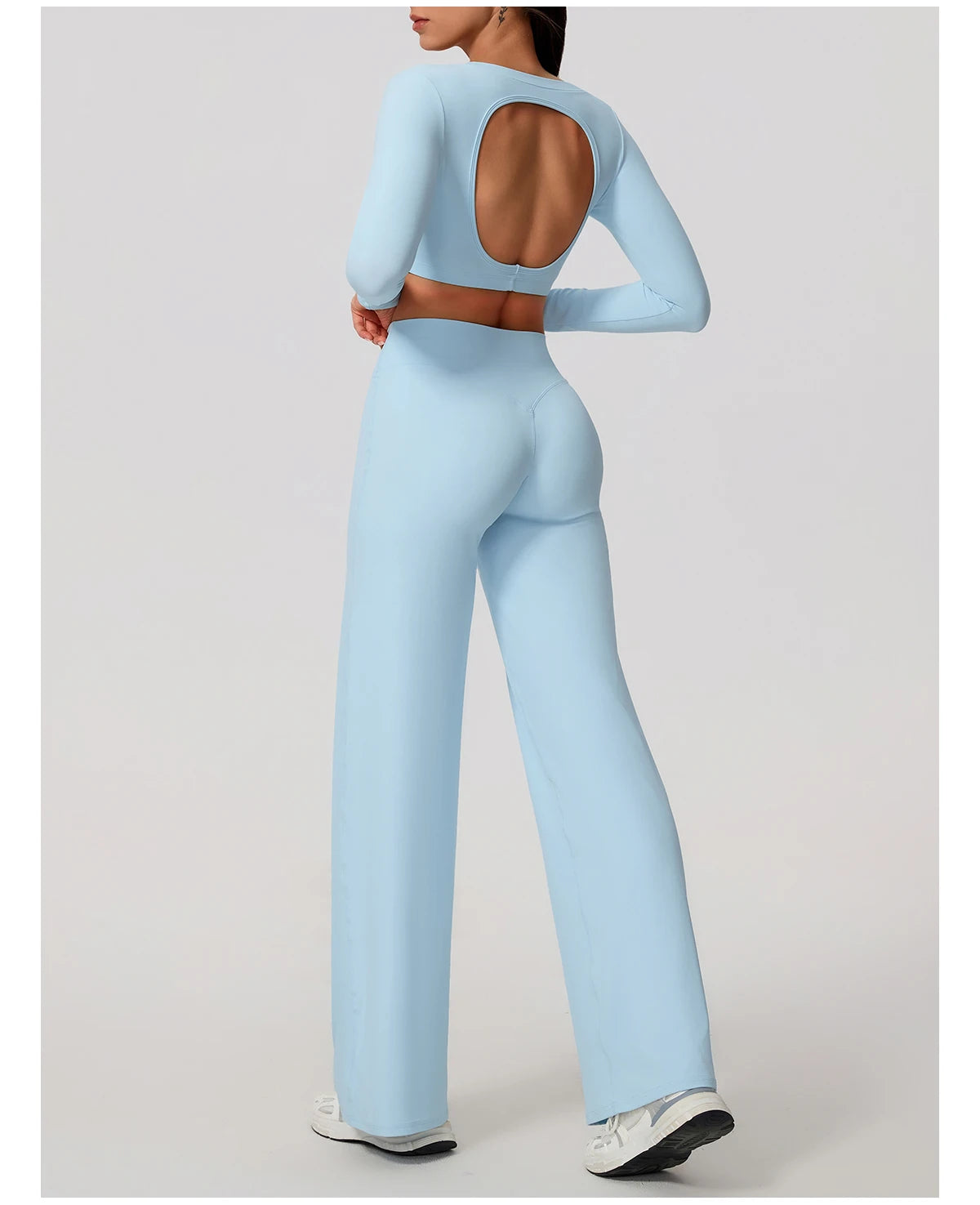 Women's 2-Piece Sports Set – Long Sleeve Backless Fitness Top & Wide Leg Yoga Pants