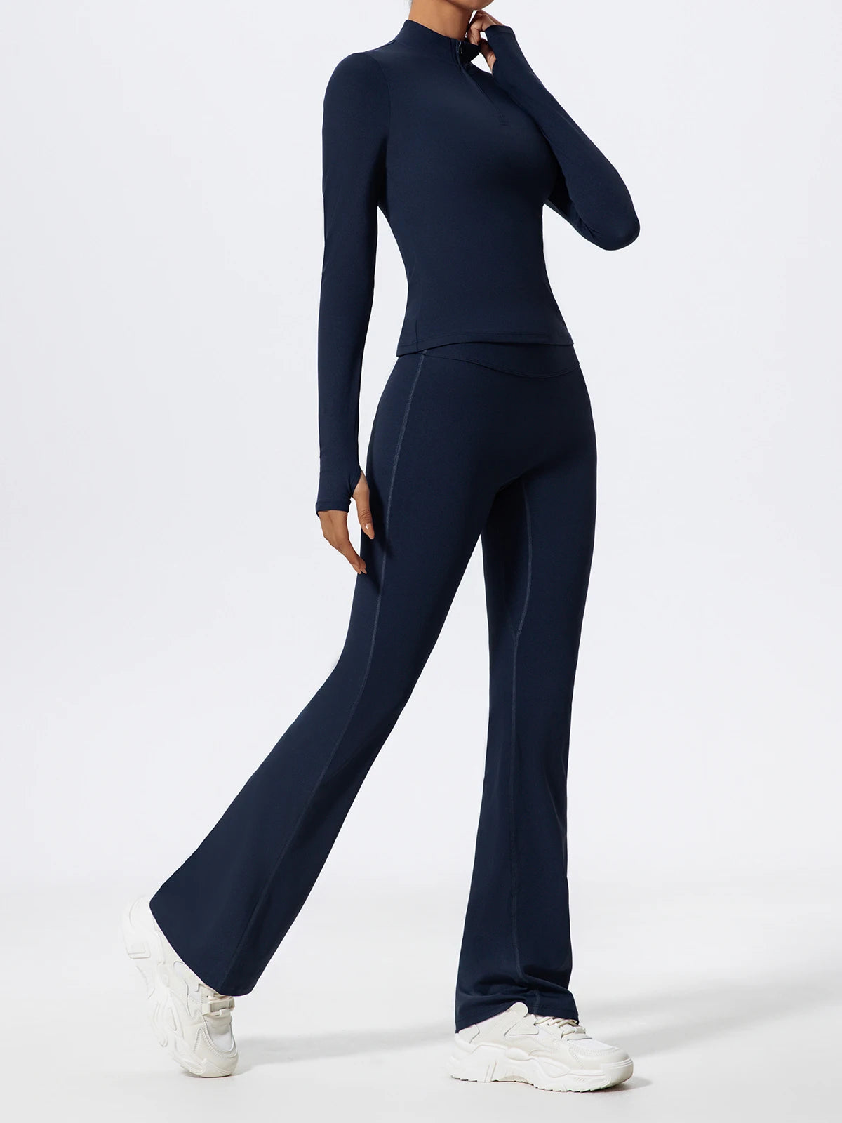 Women's 2-Piece Half-Zip Yoga Set – Long Sleeve Sports Top & Flared Workout Pants