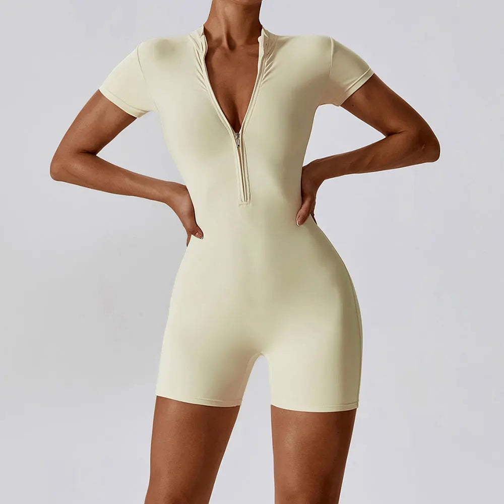 Summer Zipper Yoga Jumpsuit – Women’s Short Sleeve Push-Up Fitness Bodysuit