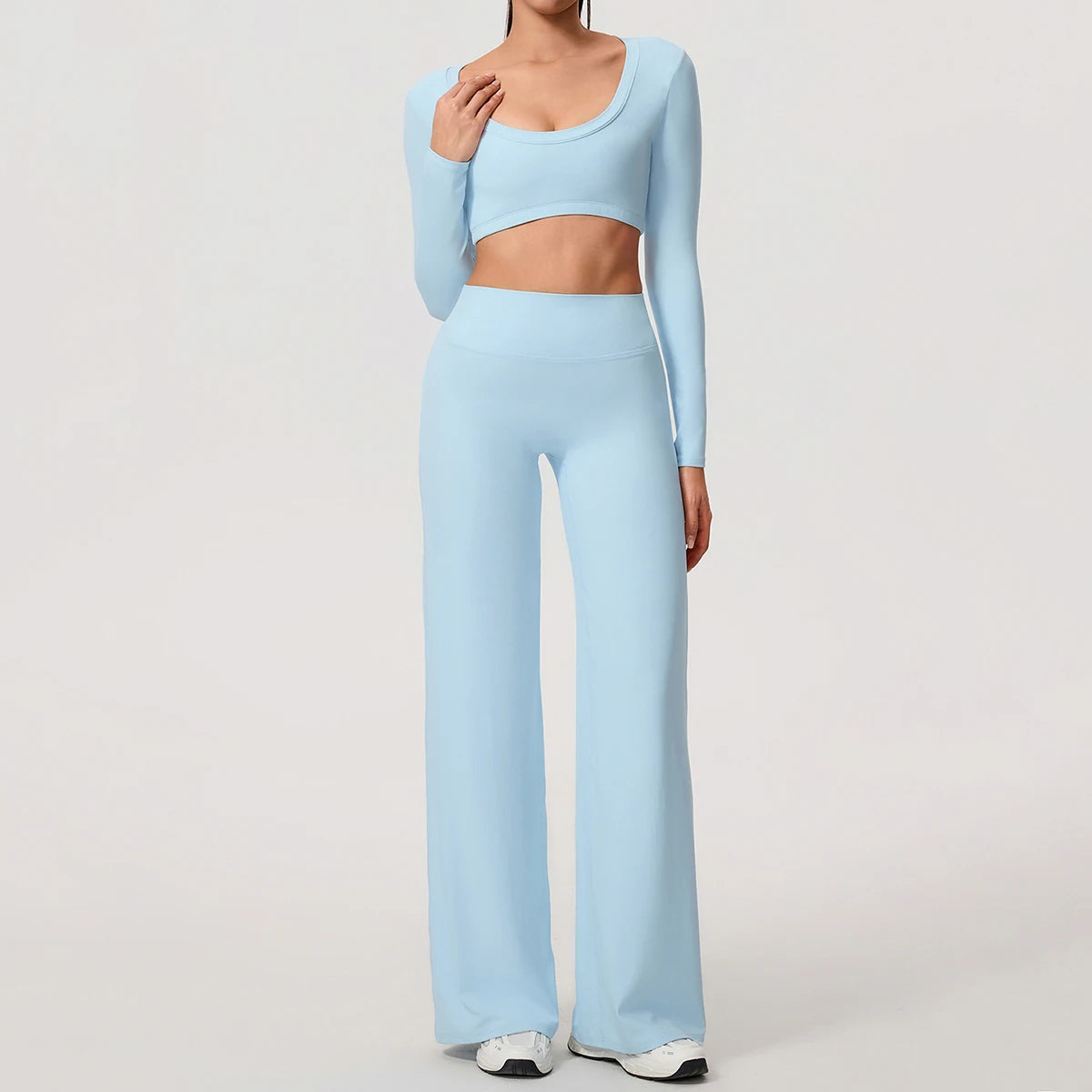 Women's 2-Piece Sports Set – Long Sleeve Backless Fitness Top & Wide Leg Yoga Pants