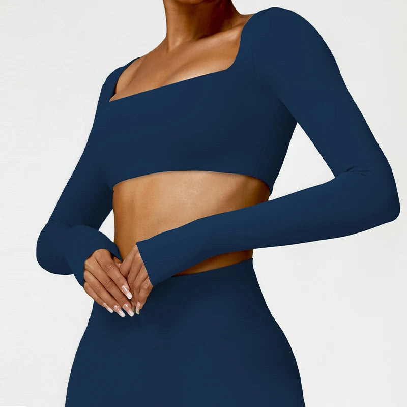 Women's Quick-Dry Square Neck Sports Crop Top – Long Sleeve Gym & Yoga Activewear