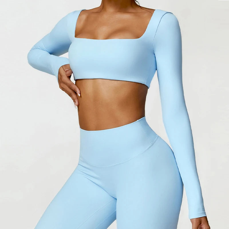 Women's Quick-Dry Square Neck Sports Crop Top – Long Sleeve Gym & Yoga Activewear