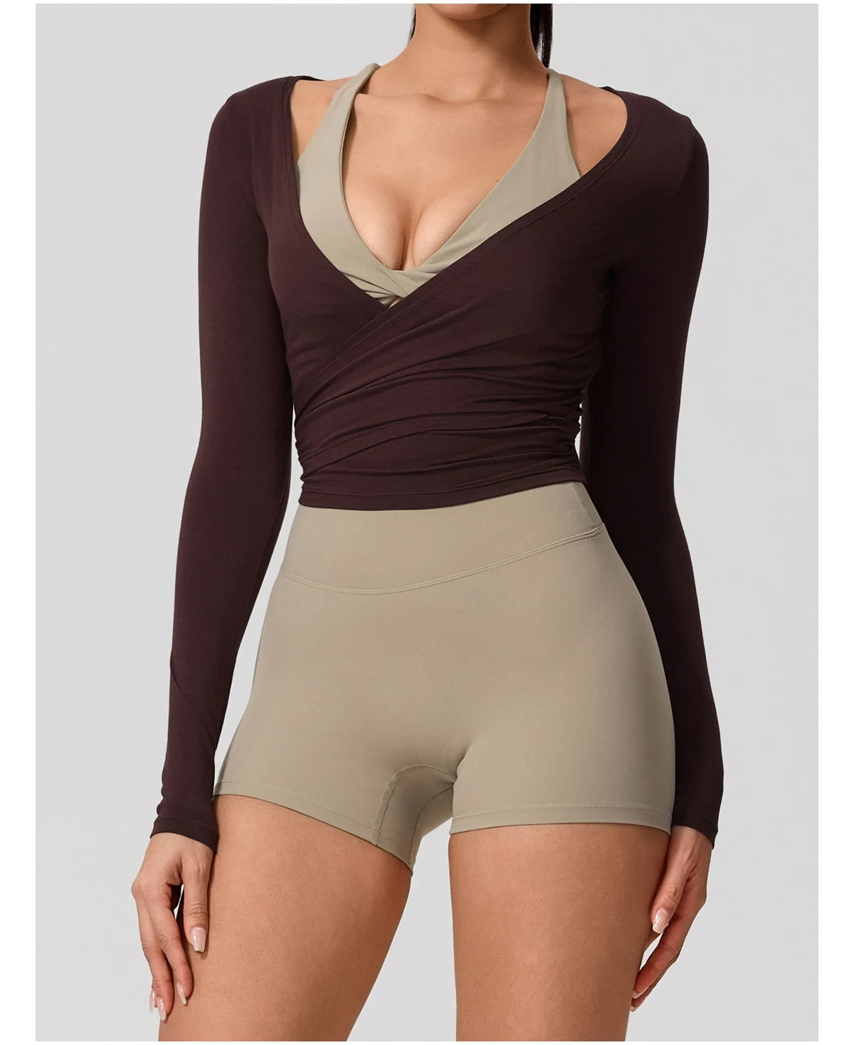 Women's Long Sleeve Yoga Wrap Top – Breathable Quick-Dry Sportswear for Pilates & Dance