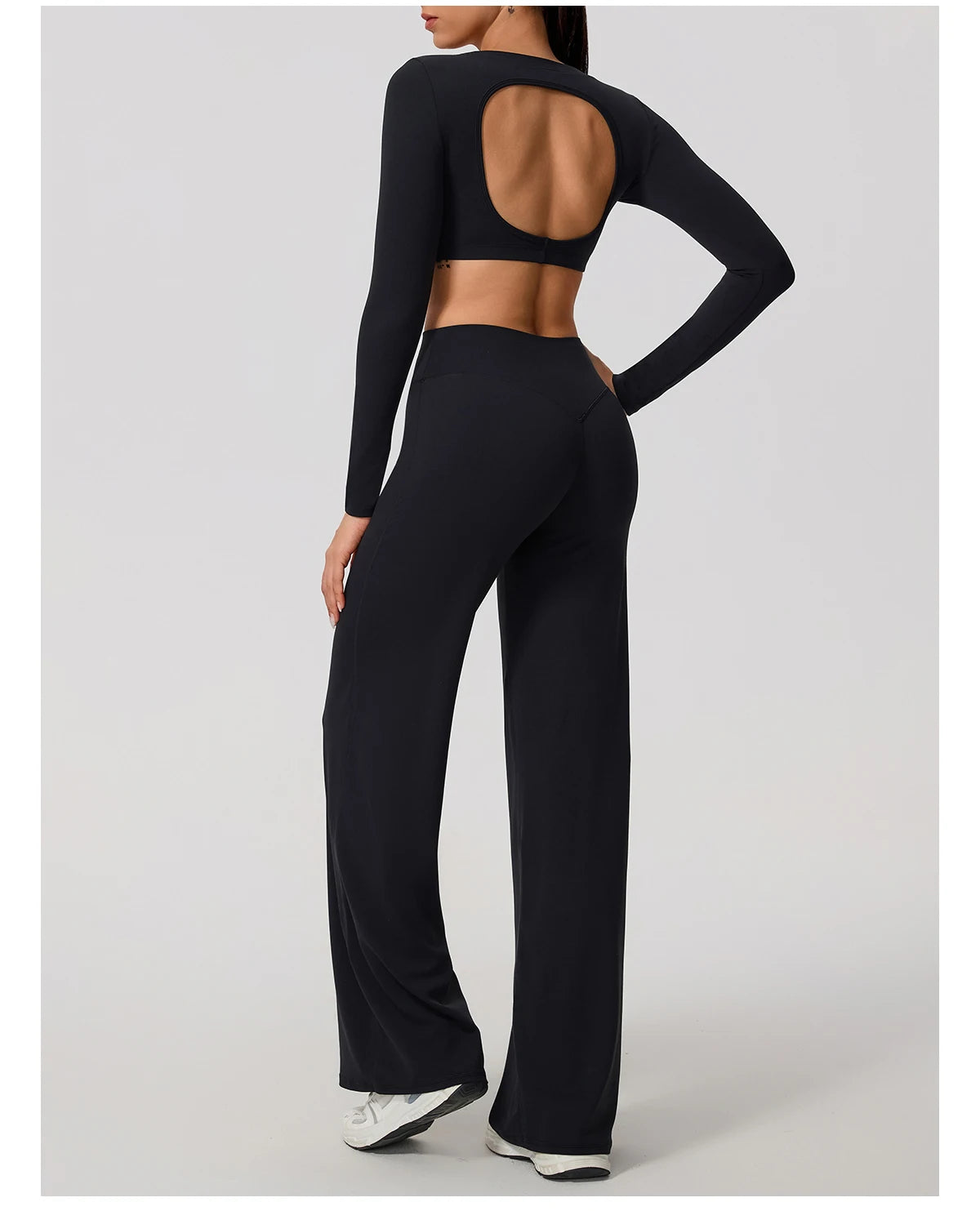 Women's 2-Piece Sports Set – Long Sleeve Backless Fitness Top & Wide Leg Yoga Pants
