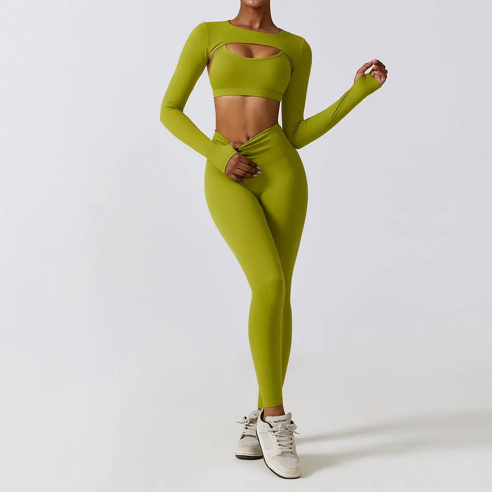Women's Sportswear Yoga Set Seamless Fitness Bra Crop Top Long Sleeve Workout Clothes Athletic Wear Gym Legging for Running Fitness