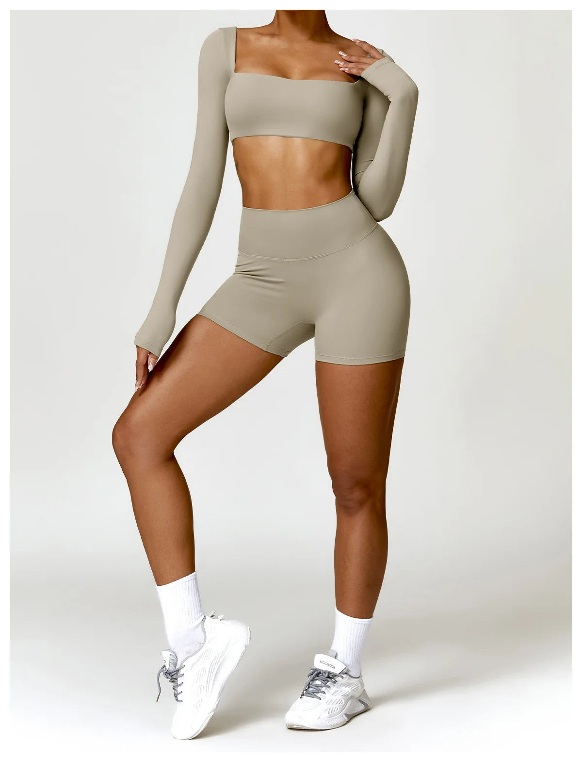 Women's Quick-Dry Square Neck Sports Crop Top – Long Sleeve Gym & Yoga Activewear