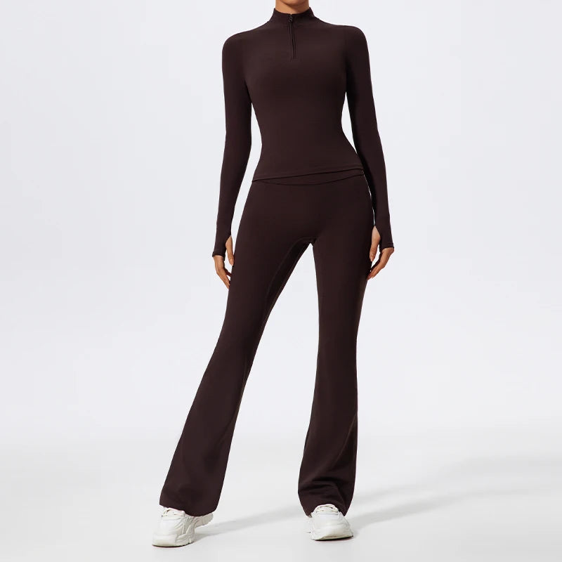 Women's 2-Piece Half-Zip Yoga Set – Long Sleeve Sports Top & Flared Workout Pants