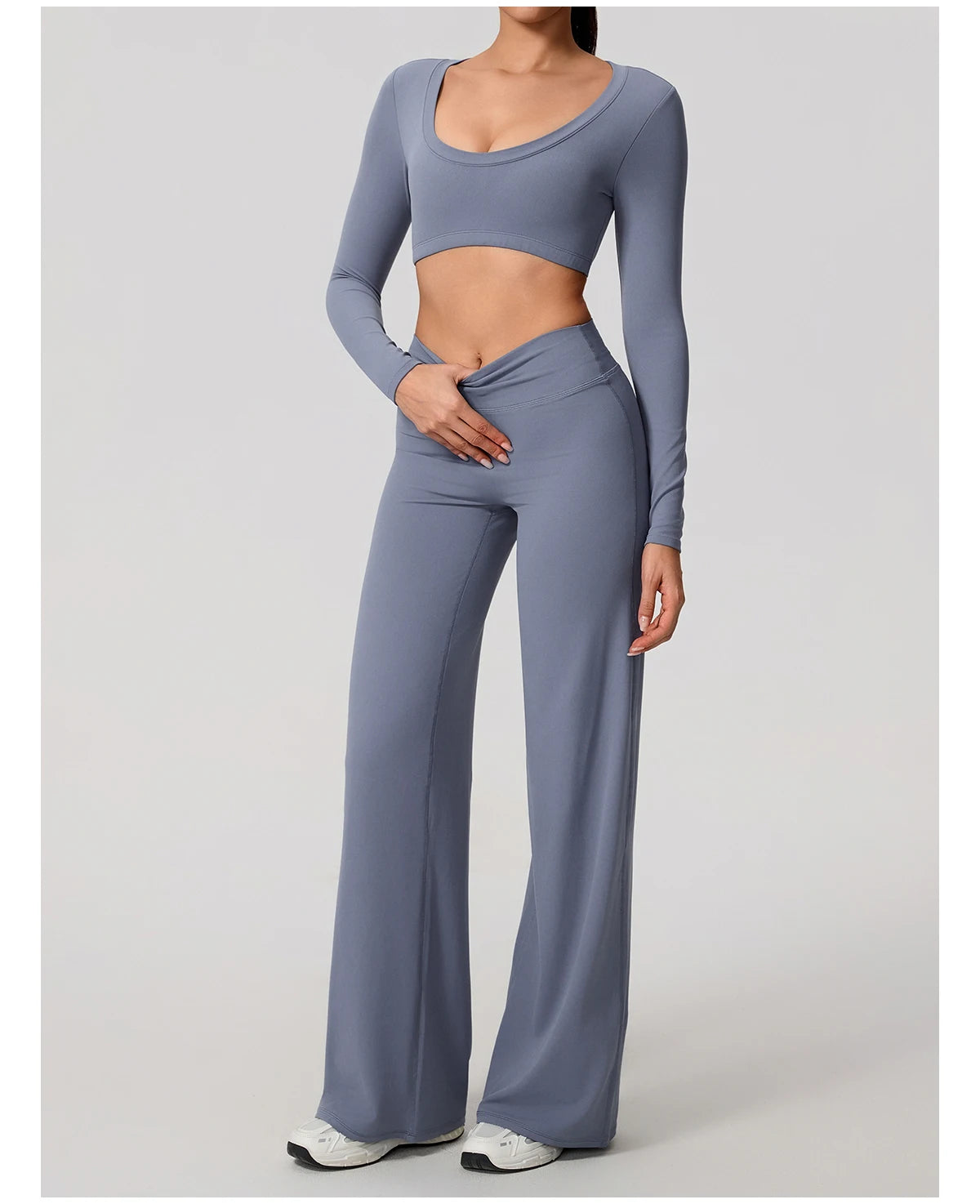 Women's 2-Piece Sports Set – Long Sleeve Backless Fitness Top & Wide Leg Yoga Pants