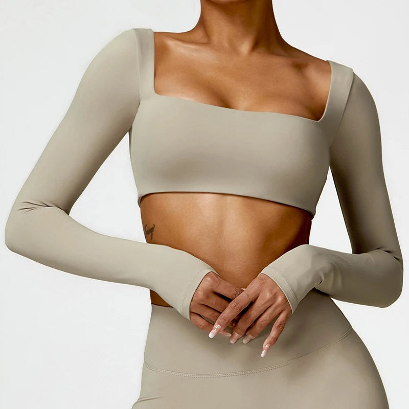 Women's Quick-Dry Square Neck Sports Crop Top – Long Sleeve Gym & Yoga Activewear