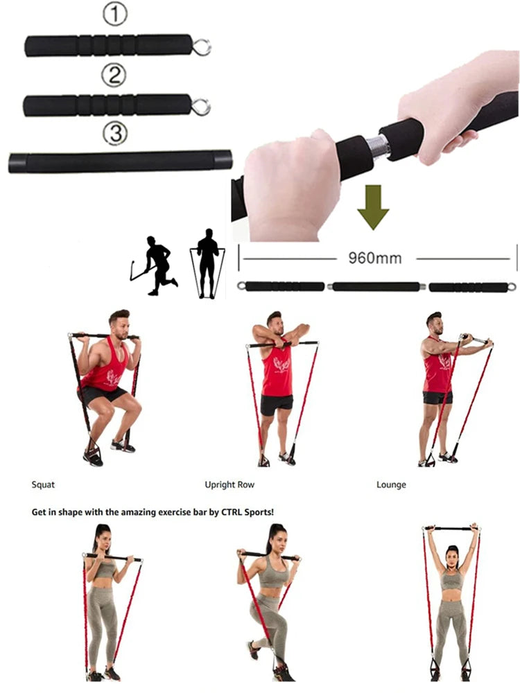 Workout Bar Resistance Bands Set – Pilates, Yoga & Home Gym Training Equipment