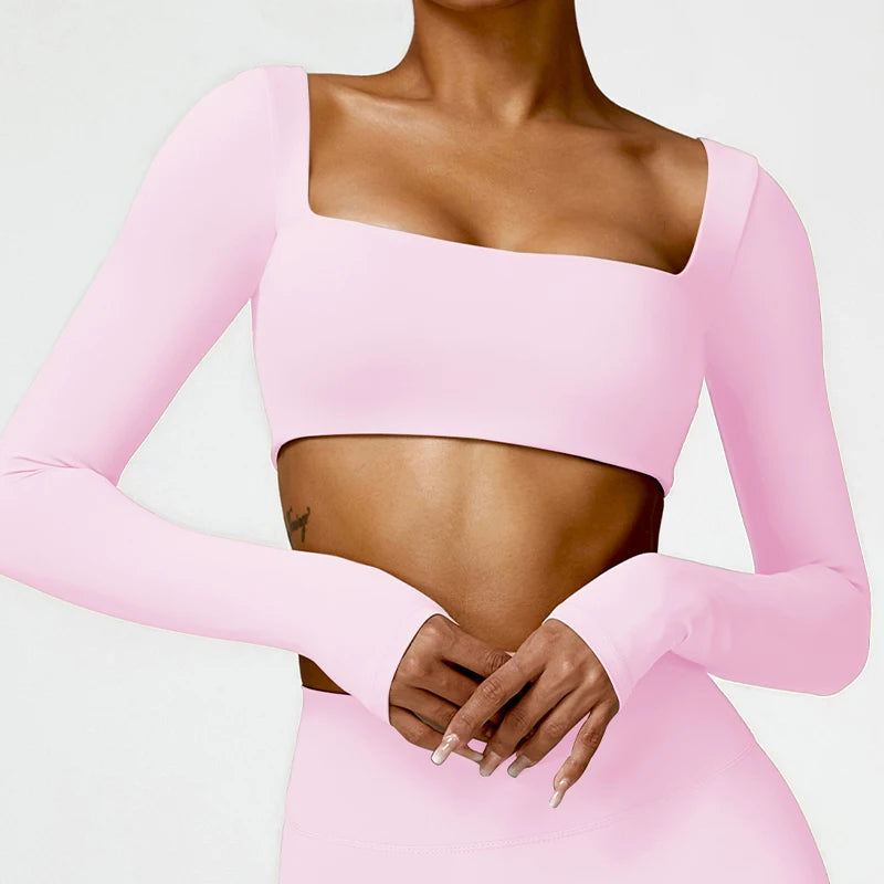 Women's Quick-Dry Square Neck Sports Crop Top – Long Sleeve Gym & Yoga Activewear